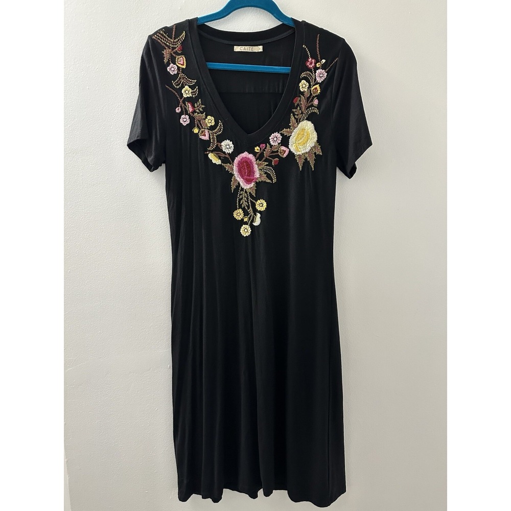 Athleta CAITE Dress Black Embroidered Flowers Midi Bohemian Size M